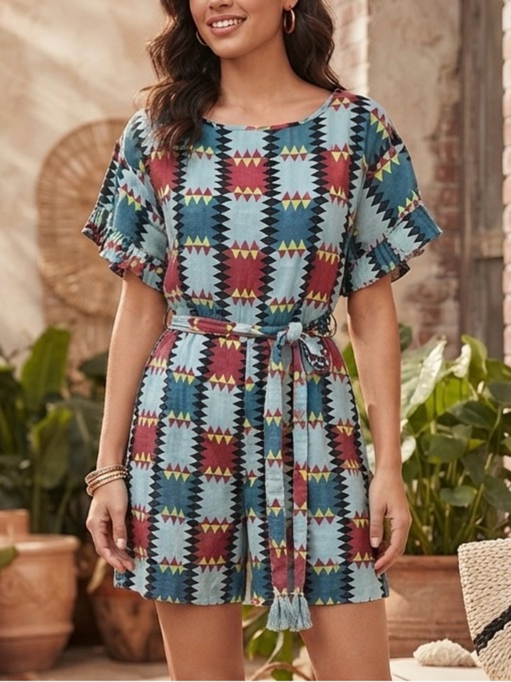Anthropologie Kopal Women’s L Blue Cotton Charvi Aztec Ruffle Romper